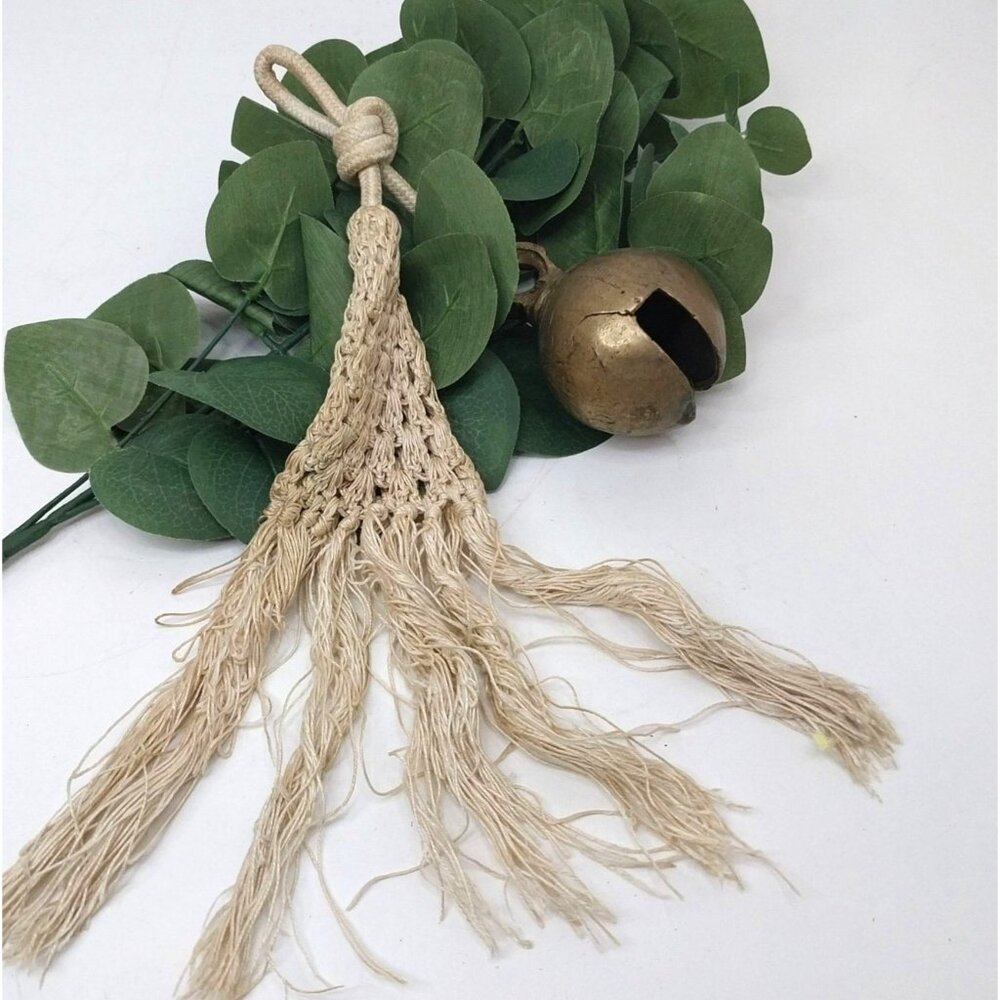 Vintage Tibetan yak Bell Brass With Macrame Tassel 12" Long Rustic Boho Accent
